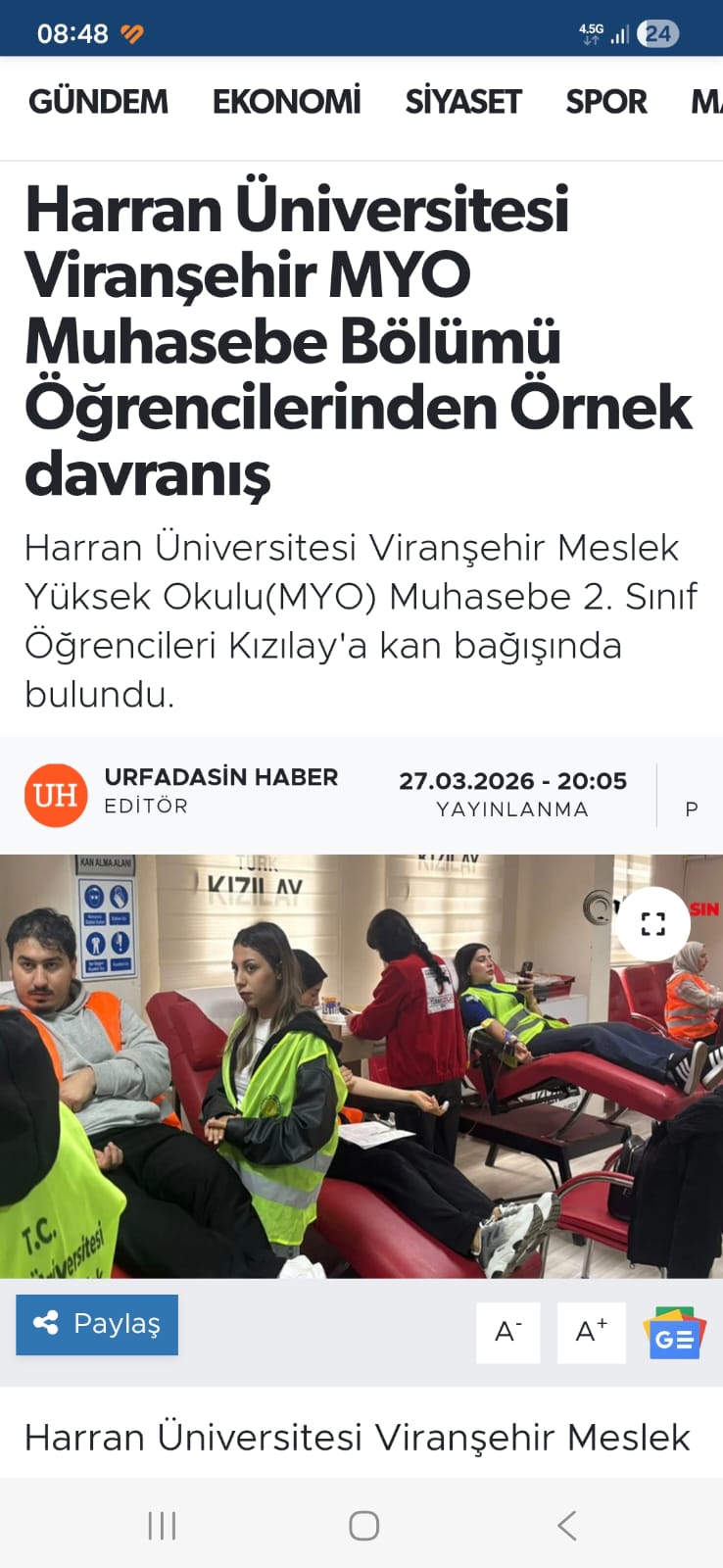 Harran Üniversitesi Viranşehir MYO Muhasebe 2. Sınıf Öğrencilerinden Örnek Toplumsal Dayanışma